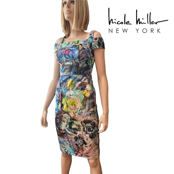 Nicole Miller New York Wiggle Sheath Dress Cold Shoulder Abstract Floral Multi - Picture 1 of 16